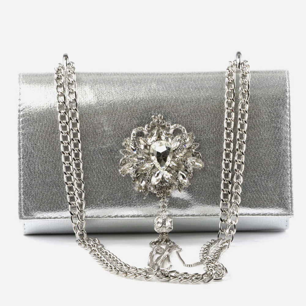 Ladies Diamante Broach Evening Clutch Bag Wedding Handbag Prom Purse Shimmery Hard Case Party Bags Birthday Gifts for Her - Image 3