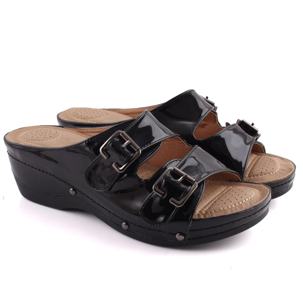 Women “FANNIE” Dual- Strap Flap Buckle Design Comfort Wedge Slippers - Image 2