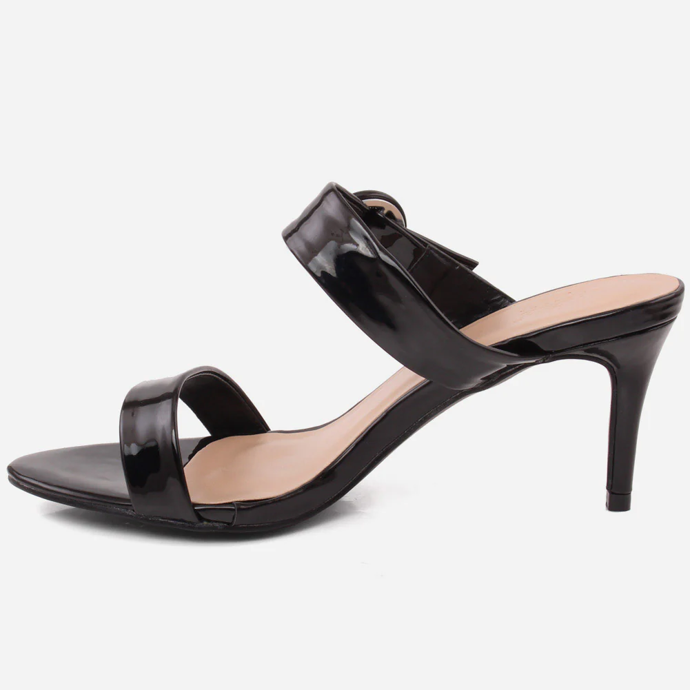 Women "FEEBEE" Round Buckle Double Strap Open Toe Patent Platform Slip On Stiletto Heel Sandals - Image 3