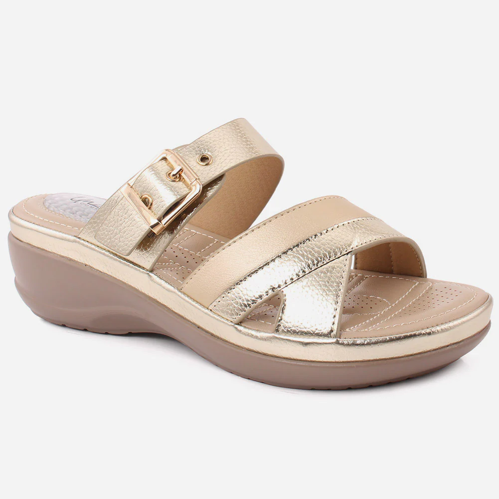 Women "GIANNA" Open Toe Crossover Shimmer Wedge Slippers