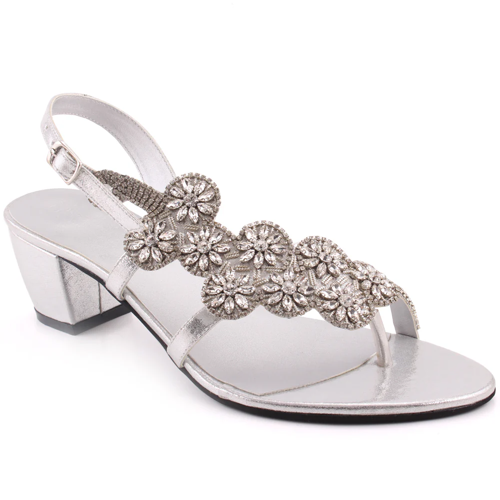 Women “NAARAH” Rivet Studs Decorated Diagonal Strap Shimmer Block Heel Sandals